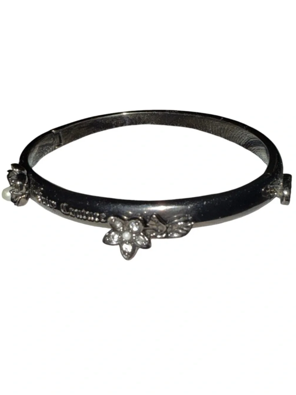 Juicy Couture Vintage Gunmetal Floral Crystal & pearl Hinged Bangle Bracelet - Picture 3 of 7